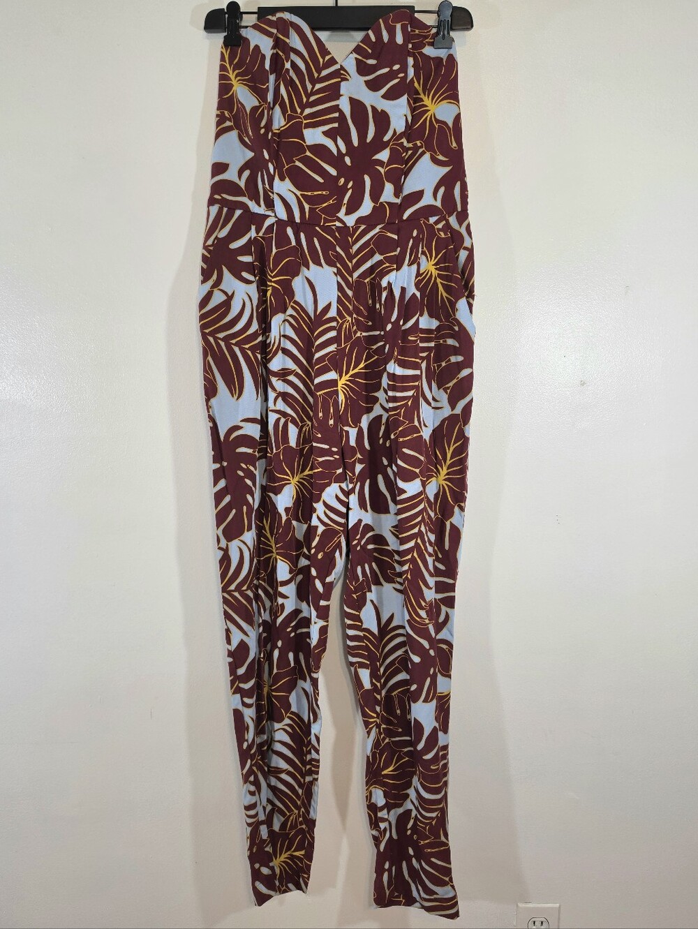 H&M Conscious Tropical Print Strapeless Burgandy & Blue Jumpsuit 10